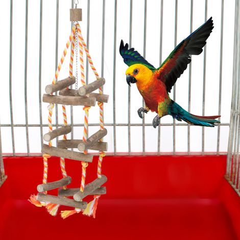 Support suspendu en bois à trois niveaux pour oiseaux de compagnie, avec corde en coton résistante aux morsures. (1/5)