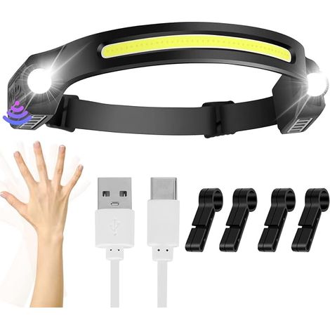 Linterna frontal recargable, linterna frontal LED ultra potente con 2 proyectores LED XPE, amplio campo de visión de 260°/resistente al agua IPX4, manos libres, tamaño de bolsillo, regalo para adultos (1/5)