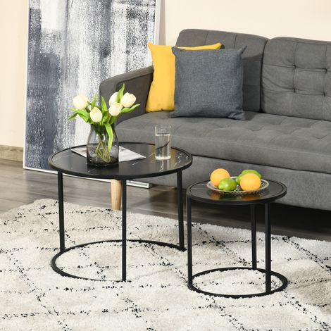 Ensemble de 2 tables d'appoint rondes empilables, gigognes avec plateau effet marbre Ø60x46 cm et Ø40x40 cm, noires