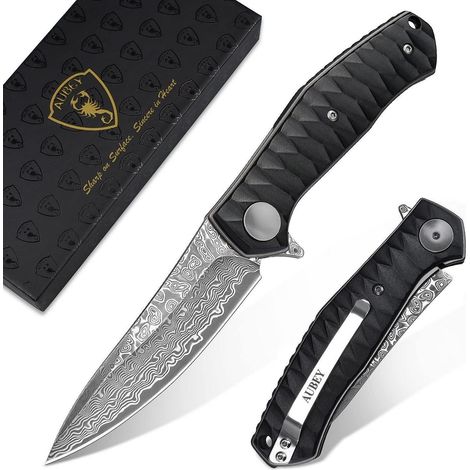 Damast Taschenmesser Klappmesser mit Gürtelclip, Einhandmesser mit Aluminiumgriff