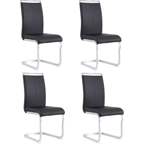 Lot de 4 chaises cantilever en cuir régénéré noir, structure en métal chromé, dossier haut rembourré, assise confortable et entretien facile  CHICFURN (1/5)