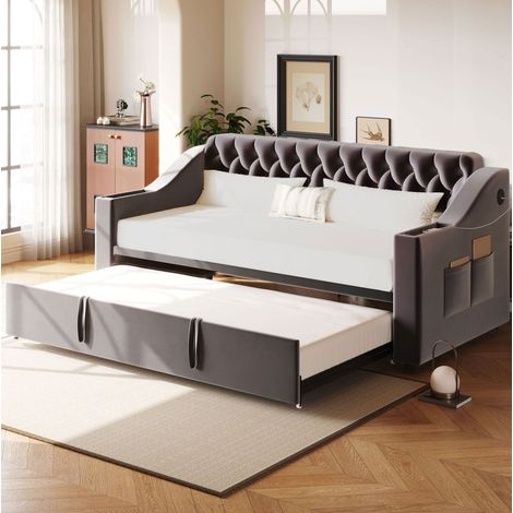 Cama sofá tapizada extensible con USB y almacenaje OKMYHOME (1/5)