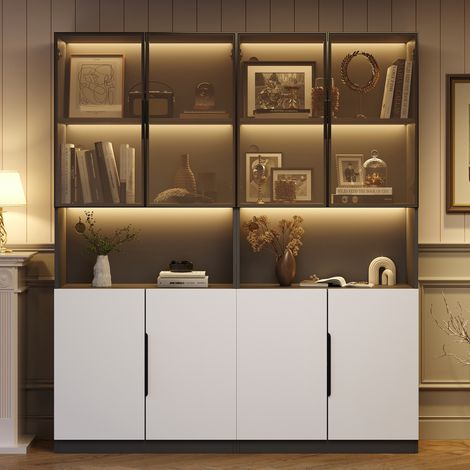Vitrine 160x30x200 cm blanche et noire en panneaux de particules avec verre trempé, LED réglable et rangement (1/5)