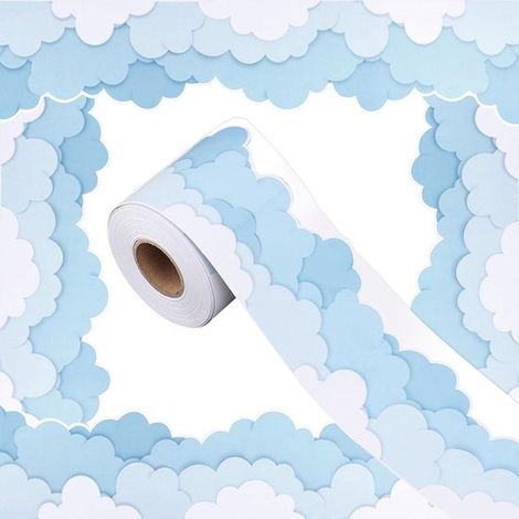 Adesivo murale per la lavagna in classe. Elegante bordo decorativo. Adesivo per bordo lavagna. 7,6 cm x 10 m. Decorazione per l'aula. Nuvola blu e bianca. (1/5)