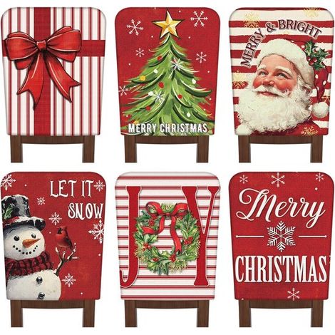 6 fundas para respaldo de sillas navideñas，Rayas rojas y blancas，Con árbol de Navidad y muñeco de nieve，Fundas protectoras lavables para comedor (1/5)