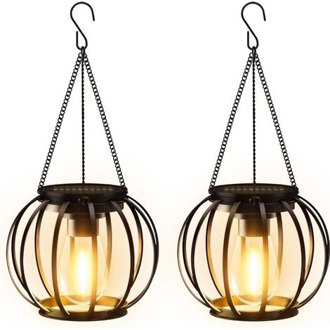 Outdoor hanging solar lights, set of 2 metal solar lanterns for outdoor use with large LED bulb, IP65 waterproof solar lights, garden decoration with hook and chain (1/4)