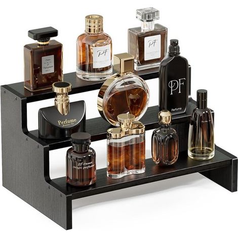 Organizzatore in legno per profumi e cosmetici, supporto per il trucco a 3 livelli e mensola decorativa per fragranze, candele e cosmetici, nero (1/5)