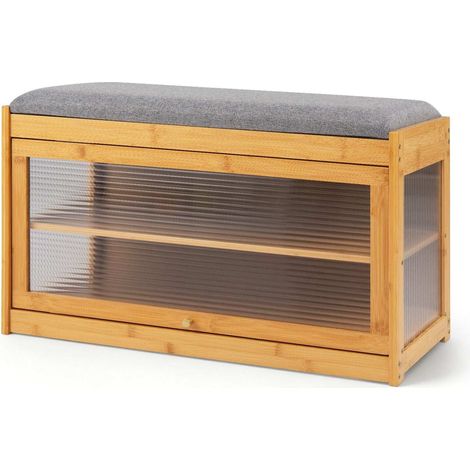 Bamboo Shoe Bench with Cushion, 2-Tier Rack, Natural Finish
