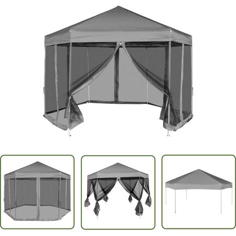 The Living Store Chapiteau hexagonal avec 6 parois latérales Gris 3,6x3,1 m - Tente Extérieure - Chapiteau Pliable - Gazebo - Abri Solaire - Structure Hexagone (1/5)