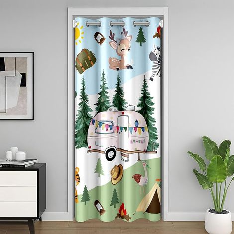 Rideau de porte de camping-car de dessin animé pour adolescents et adultes, heureux camping, rose, fermeture éclair naturelle, rideau de porte, 86 x 203 cm, tigre, cerf, faune, arbres verts, porte - 8 (1/5)