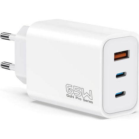 65W Fast USB-C Charger, 3-Port GaN Tech PD&QC3.0 Charge, 3-in-1 USB-C Charging Block for iPhone 17/16 Pro Max, Galaxy S24/23/S22, MacBook Pro/Air