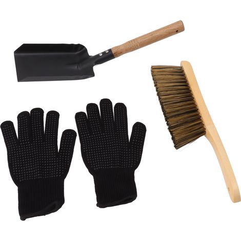 Ensemble pelle et brosse pour cendres de cheminée, outils de nettoyage de foyer au charbon inclus, gants en silicone noir (1/5)