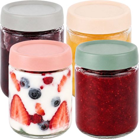 Relaxdays Barattoli da conserva, set da 4, 450 ml, coperchi twist-off, per marmellate, trasparenti/multicolori