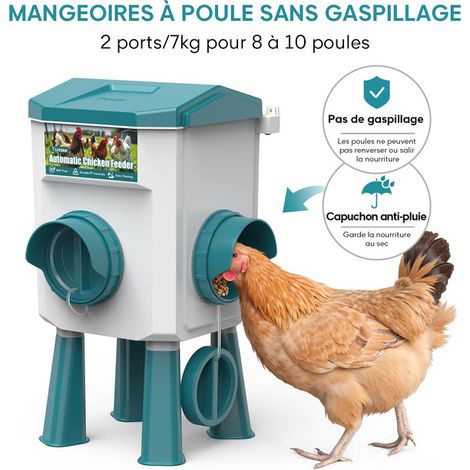Mangeoire Automatique pour Poules sans Gaspillage Distributeur de Nourriture Anti-Pluie pour Volailles Canards avec 2 Ports et Pieds de Support 7L