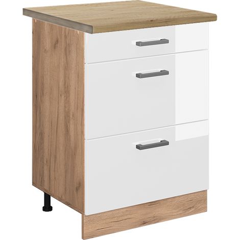 Meuble cuisine R-Line, Blanc Haute brillance, 60 cm avec tiroirs, PT Chêne, Vicco