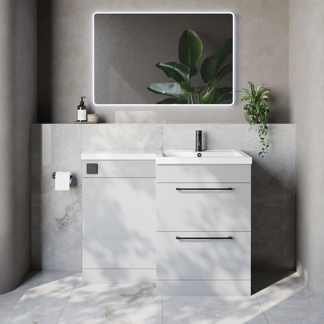 Napoli 460 Gloss Grey Pearl 1100mm 2 Drawer Vanity Unit Toilet Suite with Right Hand Square Lucia Basin - 1100mm - Matt Black 320mm HandleWithout Kingston Toilet Pan