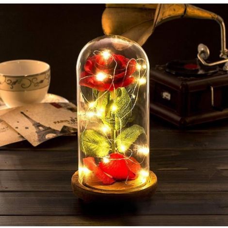 Fleur Artificielle LED - Belle et La Bête - Rose Eternelle - Base en Bois - Lampe Décorative - Cadeau Original (1/4)