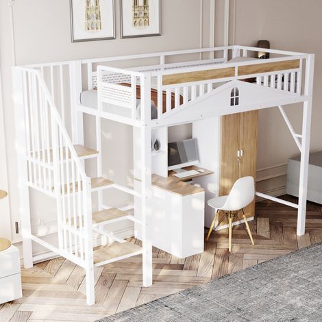 Lit mezzanine 90x200 cm avec escalier de sécurité et rangement, en métal blanc, sans matelas (1/5)