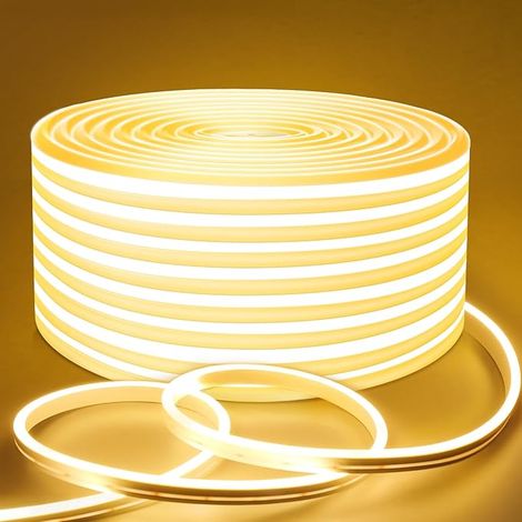 Bande LED néon dimmable Lamomo, blanc chaud, étanche, 5 mètres 3000 K, flexible, sécable, 12 V, bande en silicone, idéale pour l'éclairage intérieur indirect et décoratif (maison, cuisine, chambre) [ (1/5)