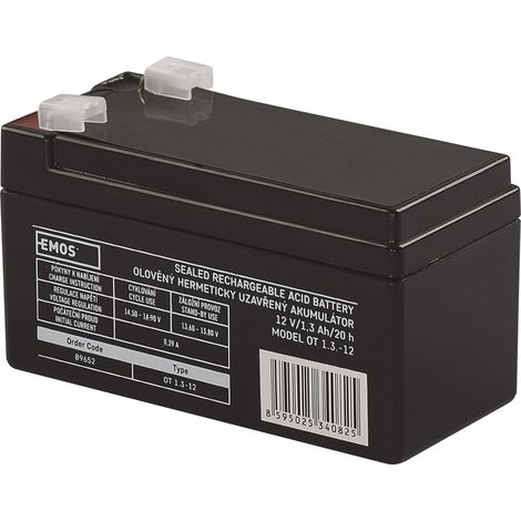 EMOS - Batteria al piombo senza manutenzione - 12V 1,3Ah - Batteria AGM - Connettore Faston 4,7mm - Per sistemi di allarme, tecnologia antincendio, dispositivi UPS - 97x45x53 mm (1/4)