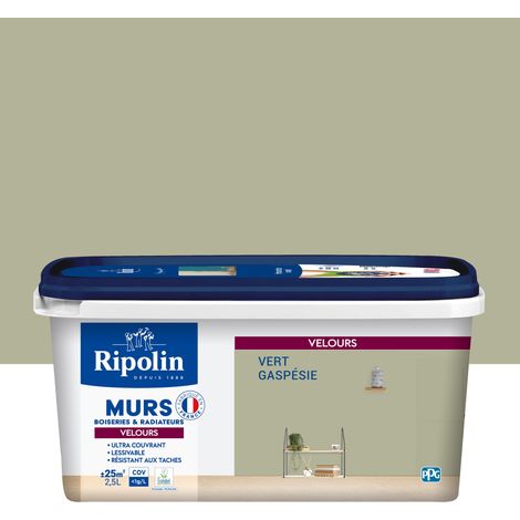 Ripolin – Peinture murale velours 2,5L vert Gaspésie – Ultra-couvrante pour murs et boiseries – Résistance aux tâches et à l'usure (1/5)