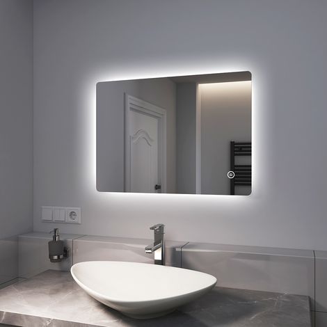 EMKE Miroir lumineux salle de bain Rétro-éclairage 70x50cm, Miroir LED avec Interrupteur Tactile, Anti-buée, Miroir avec éclairage lumière blanche froide