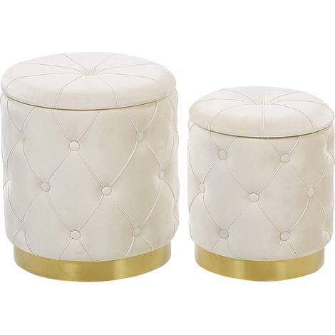 Conjunto de pufs con almacenaje tapizados en terciopelo de poliéster blanco con base dorada diseño retro Pueblo (1/5)