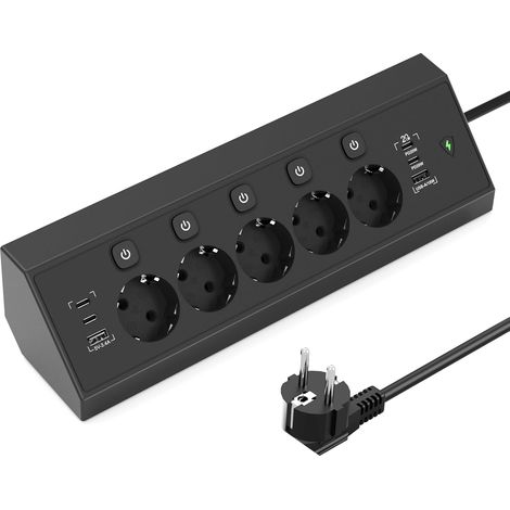 Multiprise de Bureau, Multiprise d'angle 5 Prises avec USB C 20 W, Prise Multiple avec Interrupteur, Plan de Travail Cuisine Parafoudre et Surtension avec câble de 1.8M, Noir (1/5)