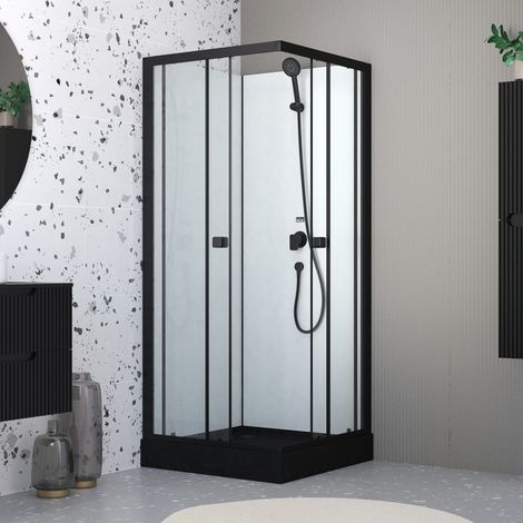 Cabina doccia quadrata 80x80x200 cm - Porte scorrevoli - Piatto nero opaco (1/5)