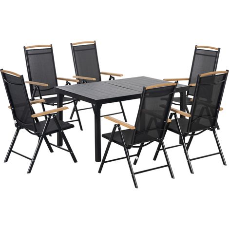 Set da giardino pieghevole per 6 persone con tavolo e 6 sedie in alluminio nero (1/5)