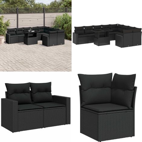 10-tlg. Garten-Sofagarnitur mit Kissen Schwarz Poly Rattan - Gartenmöbel Set - PE-Rattan Möbel - Outdoor Lounge - Gartenlounge - Balkonmöbel - Home & Living (1/5)