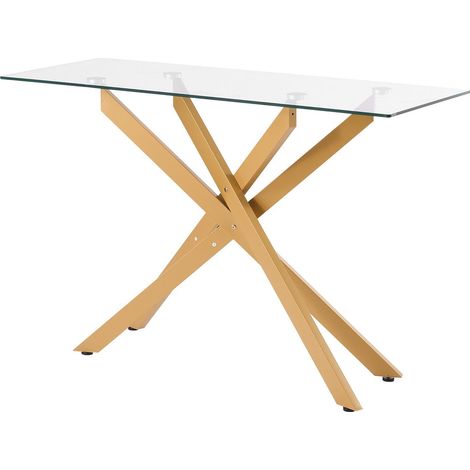 Table basse en verre trempé rectangulaire moderne avec pieds en fer croisés, console géométrique dorée pour salon et entrée (1/5)