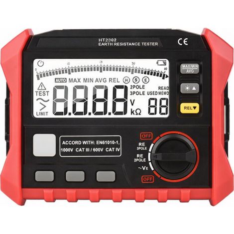 Testeur de résistance de terre numérique HT2302, plage 0-4 kΩ, 100 groupes données, écran LCD rétroéclairé, étui transport inclus (1/5)