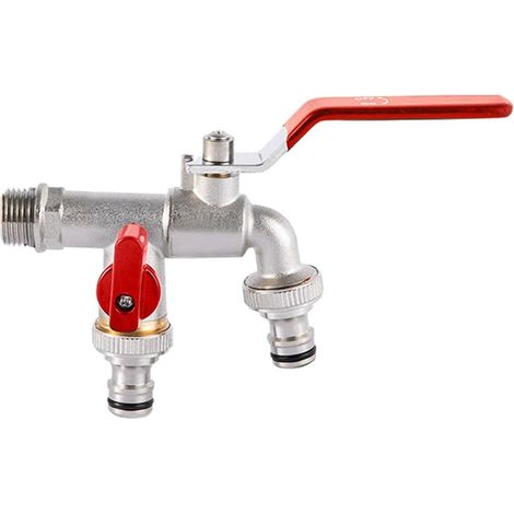 Doppelauslauf-Außenwasserhahn, G1/2 Messingarmatur, Gartenschlauchumsteller, geeignet für Hausgärten (rot). (1/4)