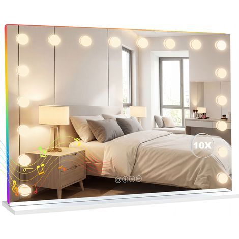 Hollywood-LED-Schminkspiegel mit 18 dimmbaren Leuchten, 3 Farben, RGB-Licht, Bluetooth-Lautsprecher, 10-facher Vergrößerung, Weiß