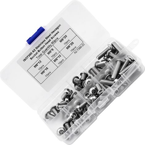 60 Stück M6-Innensechskantschrauben aus Edelstahl mit Kuppelkopf, Befestigungsmaterial und Zubehör in einer Kunststoffbox (1/5)