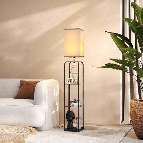 Lampadaire sur pied salon avec étagères, abat-jour en tissu, interrupteur à chaînette pour salon, chambre à coucher