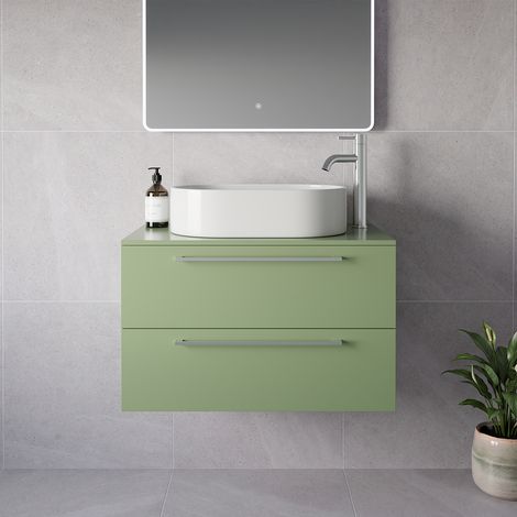 Napoli 460 Olive Green 800mm Wall Mounted 2 Drawer Vanity Unit for Countertop Basins - 800mm - Chrome 480mm Handle
