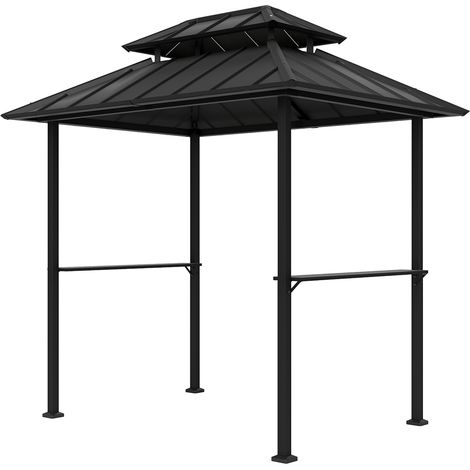 Abri barbecue double toit rigide avec 2 étagères et crochet, noir 244x184x258cm