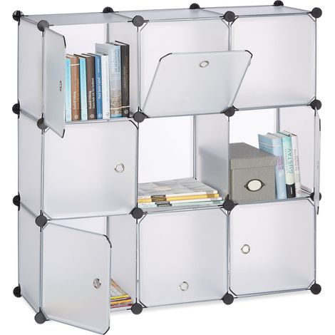 Étagère Rangement 9 casiers Portes Plastique modulable DIY Assemblage Plug in bibliothèque 95x95x32 cm, Transparent (1/5)