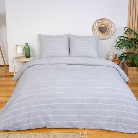 Parure de lit microfibre lavée 2 places rayures gris - Tim 240 x 220 cm (1/3)