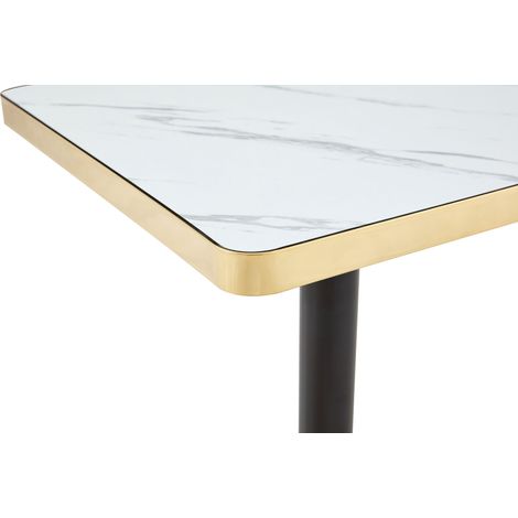 Table carrée design moderne, plateau en marbre effet UV, piètement en métal robuste, salle à manger élégante (1/5)