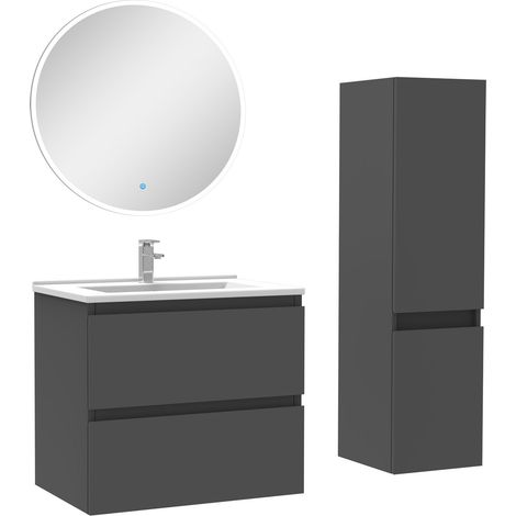 Ensemble meubles Salle de Bain 60cm vasque + colonne + miroir rond lumineux Anthracite