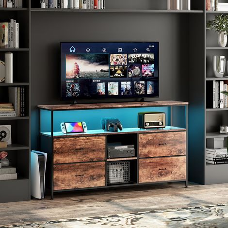 Industrielle Meuble TV 108x30x77 cm, Meuble TV Bois et Metal avec Armoires, Tiroirs et Étagères, Meuble TV avec Led et 4 Tiroirs, Meuble TV avec Étagère Ouverte, pour Salon, Chambre et Bureau,Tiger (1/5)