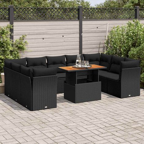 Ensemble Jardin 10 Places Noir Résine Tressée avec Coussins - Table Réglable, Rangement Intégré, Modulaire (1/5)