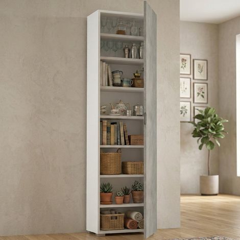 Dmora Armoire polyvalente Fiordaliso, Armoire linéaire avec 1 porte et 7 étagères, Colonne d'entrée ou de salle de bain, Range - chaussures moderne, 100% Made in Italy, Cm 50x30h182, Béton et blanc, a (1/5)