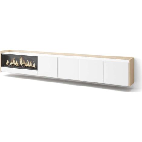 Mueble TV Ardales-02 de 315x50x35 cm con chimenea eléctrica XXL, suspendido, color blanco y roble soft (1/4)