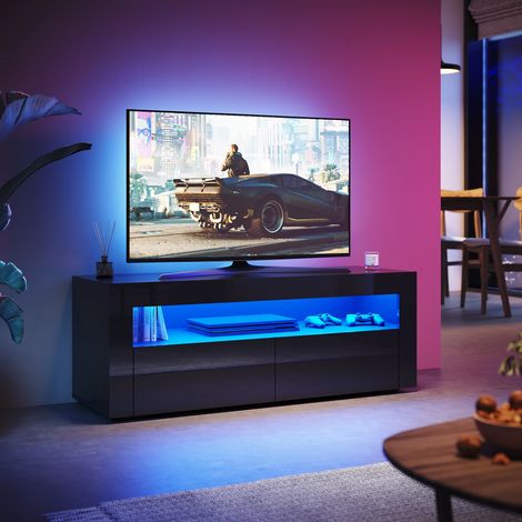 SONNI Hochglanz TV Schrank mit LED-Lichtern, 2 Grifflose Tür, Stand Modern TV Board Geeignet für Wohnzimmer und Schlafzimmer, Schwarz, 1200 x 400 x 450 mm (1/5)