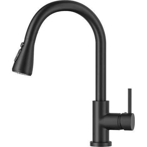 Mitigeur de Cuisine 3 Fonctions en Acier Inoxydable avec Douchette Rétractable, Robinet Haut pour Évier de Camping-Car ou Buanderie, Noir Mat (1/5)