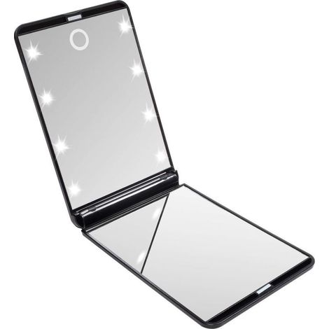 Espejo de bolsillo plegable, espejo de maquillaje iluminado, espejo de mano, aumento 1x/2x, para afeitarse, acampar y maquillarse (negro) (1/5)